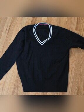 Denver Hayes Black V-Neck Sweater with White Stripe Trim
